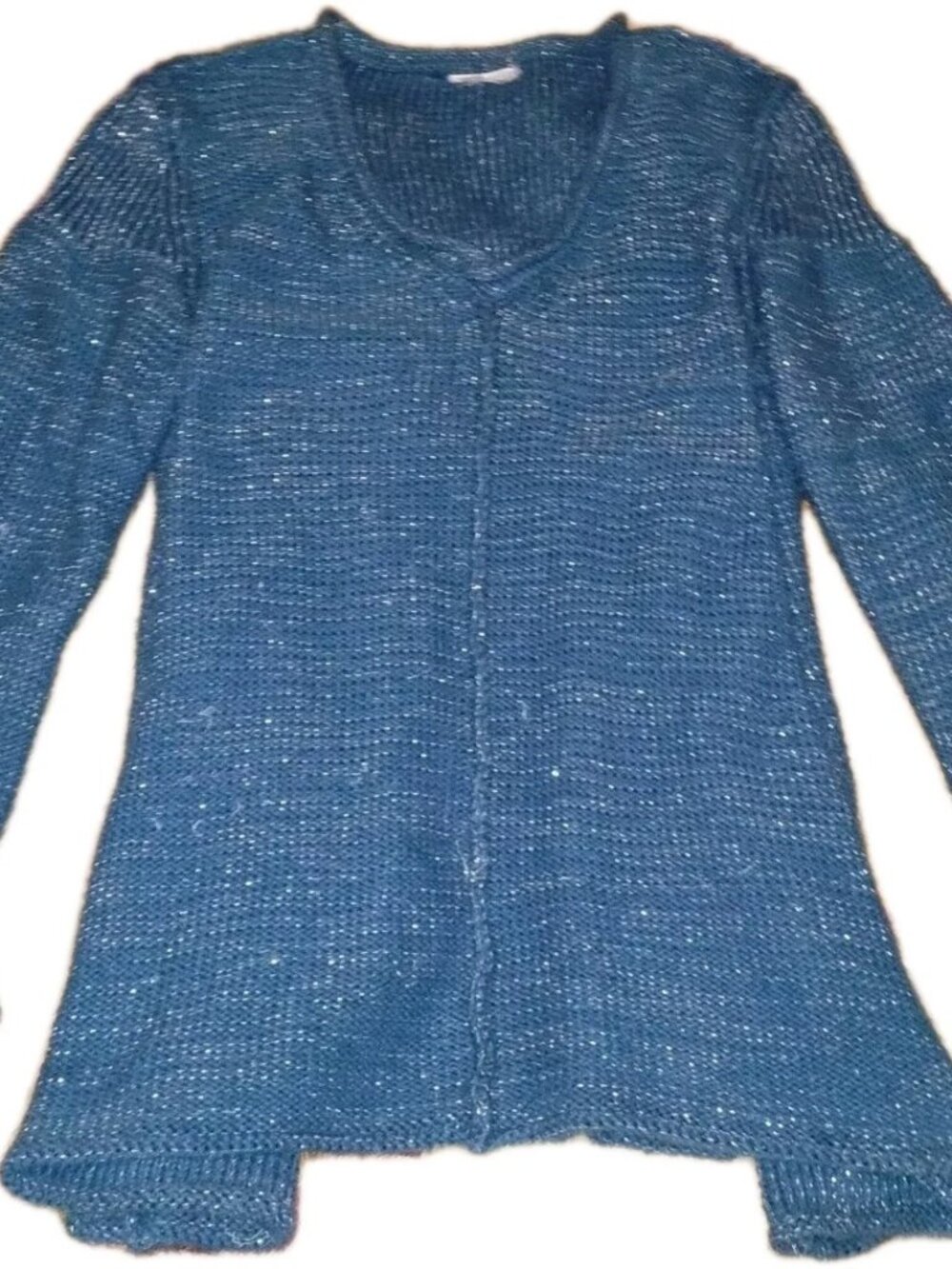 Soft Surroundings Open Knit V-Neck Shimmer Blue Long Sleeve Top